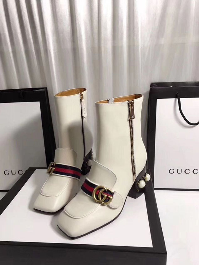 Gucci Peyton Pearly Mid Heel Ankle Boots 432060 Calfskin Leather Fall Winter 2017 Collection White