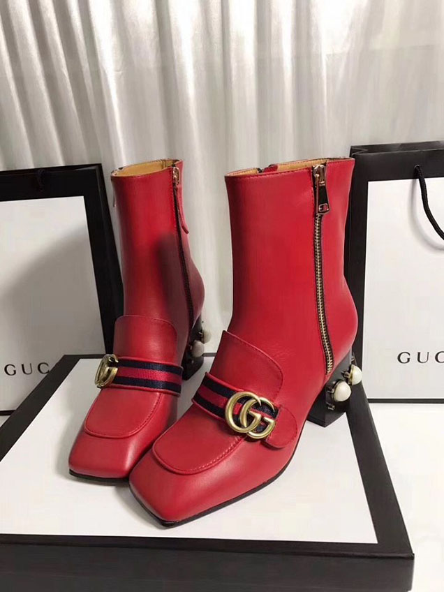 Gucci Peyton Pearly Mid Heel Ankle Boots 432060 Calfskin Leather Fall Winter 2017 Collection Red