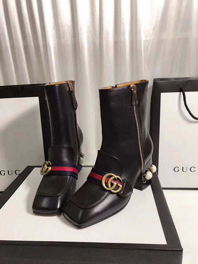 Gucci Peyton Pearly Mid Heel Ankle Boots 432060 Calfskin Leather Fall Winter 2017 Collection Black