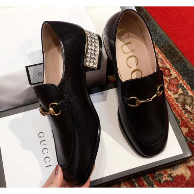 Gucci Horsebit Black Leather Loafers With Crystals 523097 2018