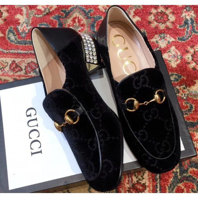 Gucci Horsebit Black GG Velvet Loafers With Crystals 522698 2018