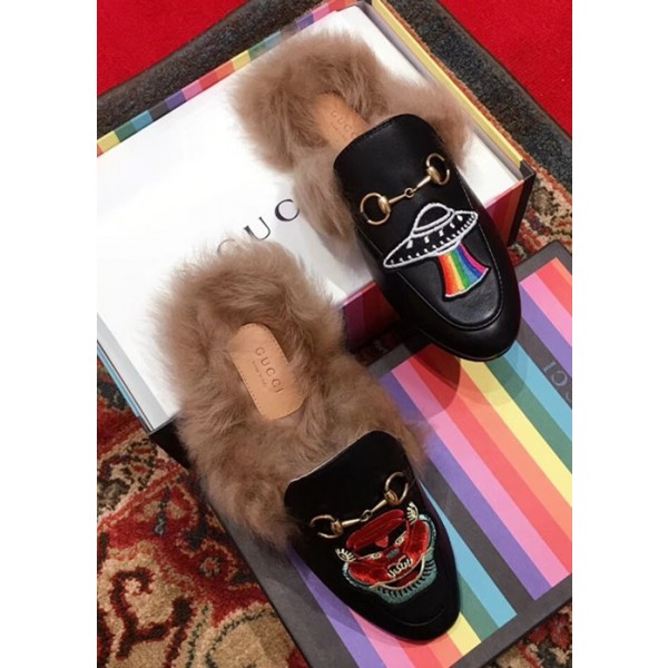 Gucci Princetown Leather Fur Slipper Black Animal And UFO