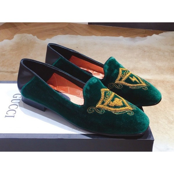 Gucci Velvet Flat Loafer with Asymmetric Embroidery Green 2018