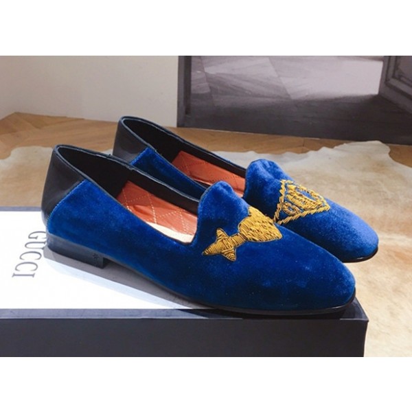 Gucci Velvet Flat Loafer with Asymmetric Embroidery Blue 2018