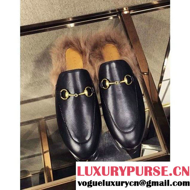 Gucci Calfskin Princetown Slipper With Fur Black 2016 (GD3014-6073048 )