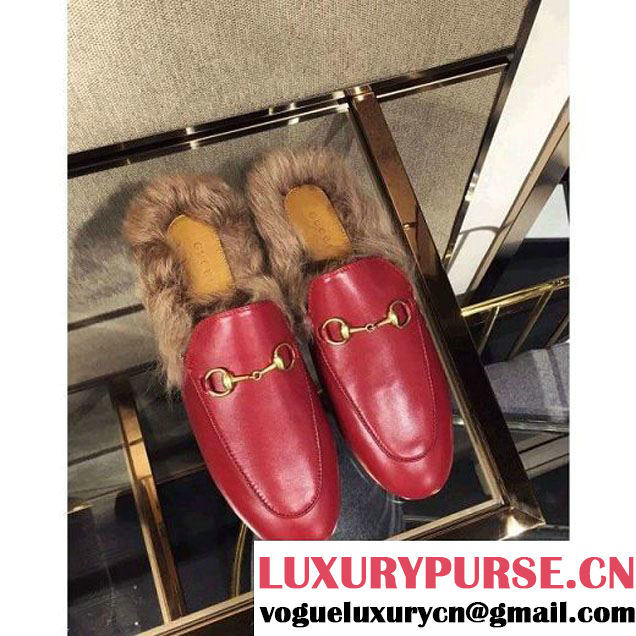 Gucci Calfskin Princetown Slipper With Fur Red 2016 (GD3014-6073049 )