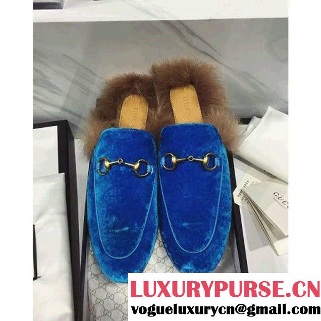 Gucci Velvet Princetown Slipper With Fur 448657 Blue 2016 (GD3014-6082643 )