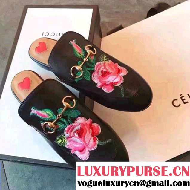 Gucci Embroidered Rose Calfskin Princetown Slipper Black 2016 (LG-7011232 )