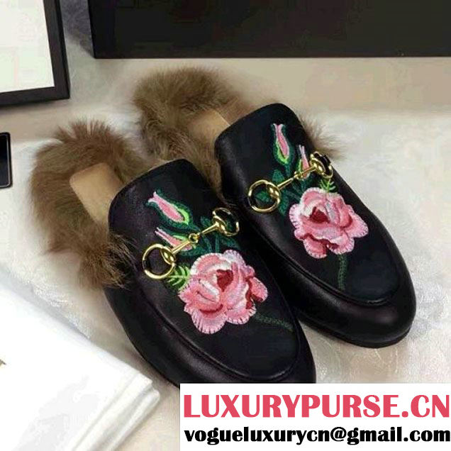 Gucci Embroidered Rose Calfskin Princetown Slipper With Fur Black 2016 (GD500-7011233 )