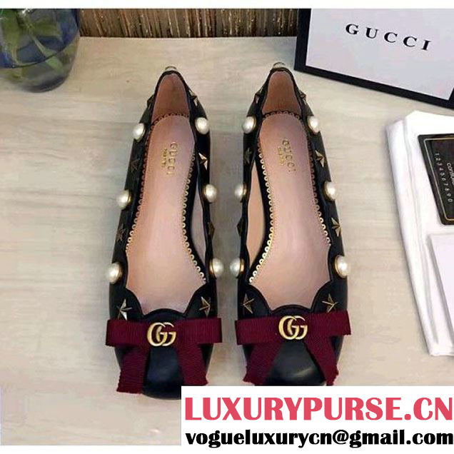 Gucci Black Leather Ballerina Embellished with Pearls and Bow 2017 (GD4007-7021545 )