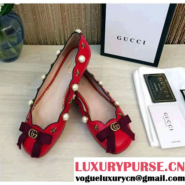 Gucci Red Leather Ballerina Embellished with Pearls and Bow 2017 (GD4007-7021547 )