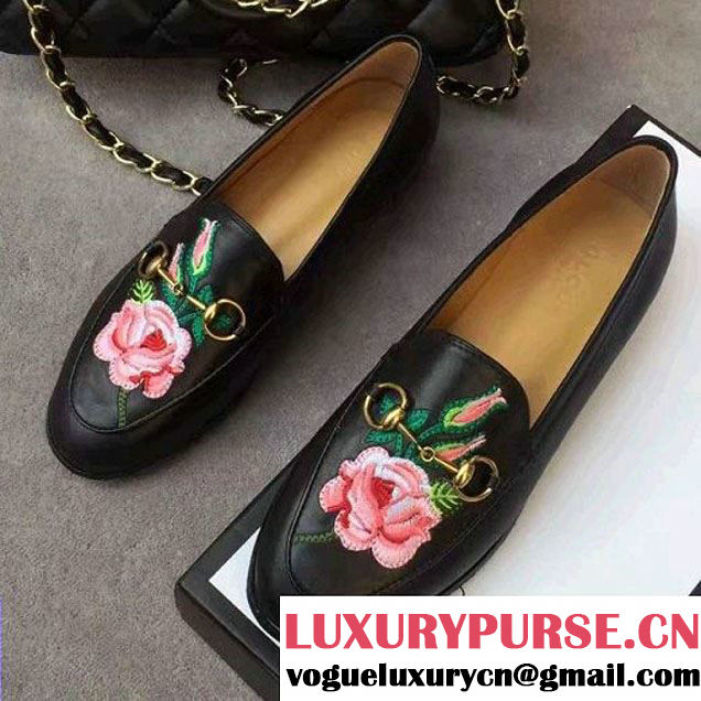 Gucci Embroidered Flower Black Leather Loafer 404069 2017 (SML-7021635 )