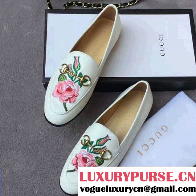 Gucci Embroidered Flower White Leather Loafer 404069 2017 (SML-7021638 )