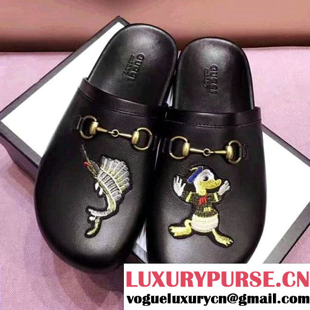 Gucci Horsebit Embroidered Marlin & Donald Duck Black Leather Slipper 459090 2017 (GD2057-7041418 )