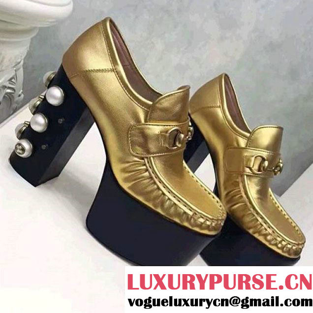 Gucci Studded Leather Platform Horsebit Loafers Gold 2017 (GD4004-7062030 )