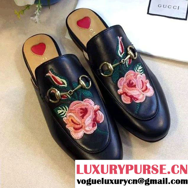 Gucci 449267 Princetown Leather Slipper with Embroidered Flowers 2017 (GD1042-7062820 )