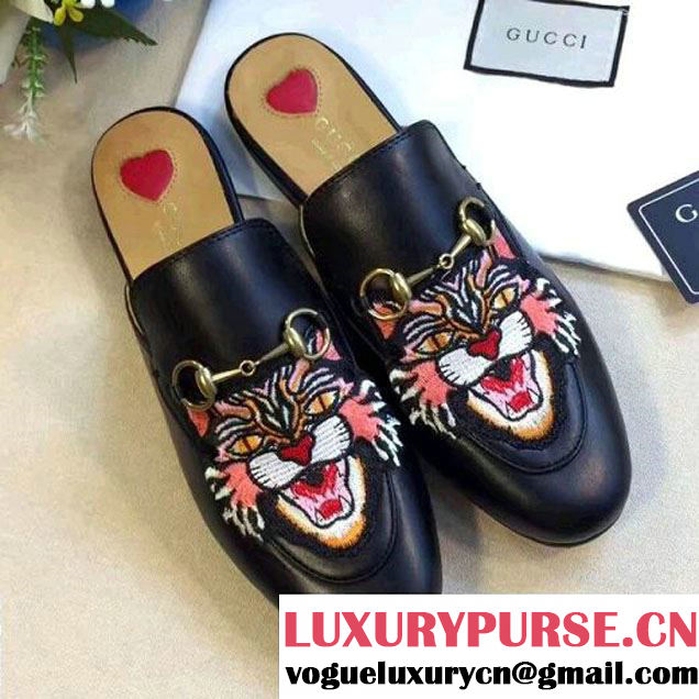 Gucci 449267 Princetown Leather Slipper with Embroidered Angery Cat 2017 (GD1042-7062822 )