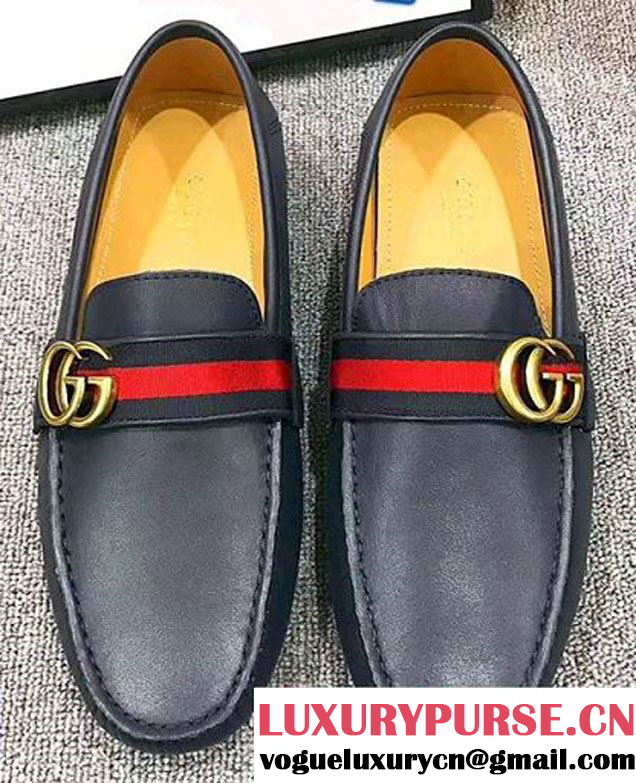 Gucci GG Web Leather Men's Loafter 428609 Dark Blue 2017