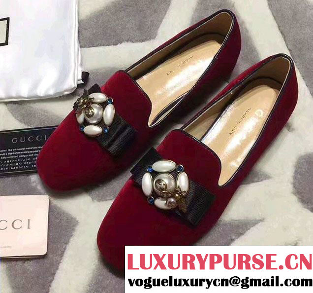 Gucci Heel 3cm Pearl And Bee Velvet Ballet Loafers 474491 2017