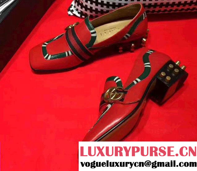 Gucci Studded and Snake Square Toe Double G Web Loafers Red 2017