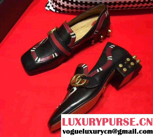 Gucci Studded and Snake Square Toe Double G Web Loafers Black 2017