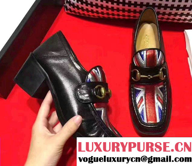 Gucci Heel 5.5cm Square Toe Horsebit Loafers 452773 Union Jack 2017