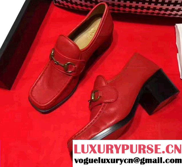 Gucci Heel 5.5cm Square Toe Horsebit Loafers 460118 Red 2017