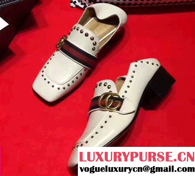 Gucci Studded Square Toe Double G Web Loafers White 2017