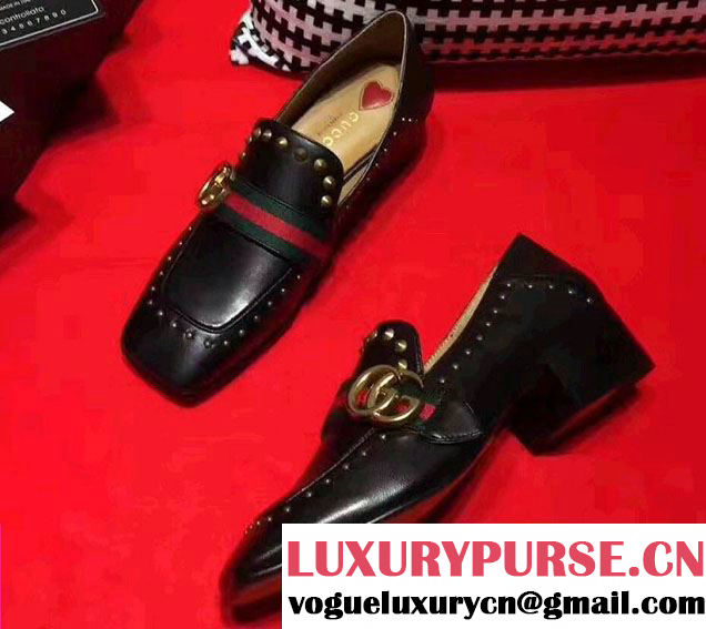 Gucci Studded Square Toe Double G Web Loafers Black 2017