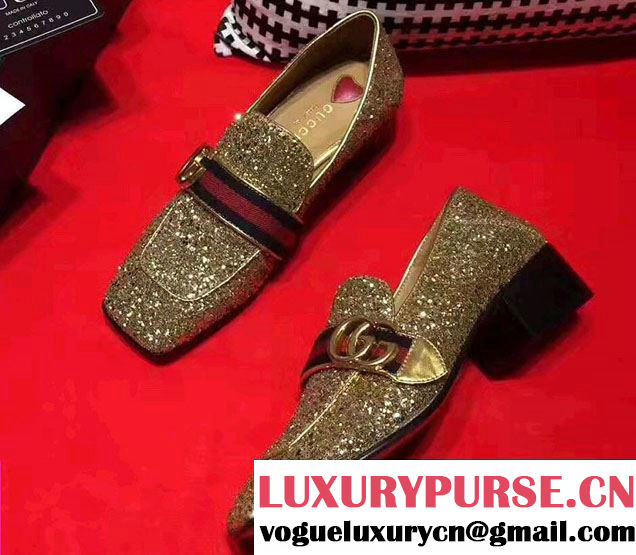 Gucci Square Toe Glitter Double G Web Loafers 476726 2017