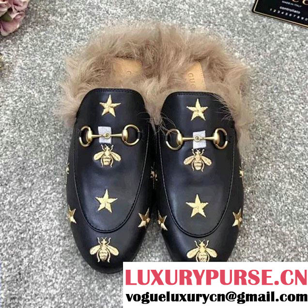 Gucci Star Embroidery Leather Princetown Loafer With Fur 2017 (GD5002-7113003 )