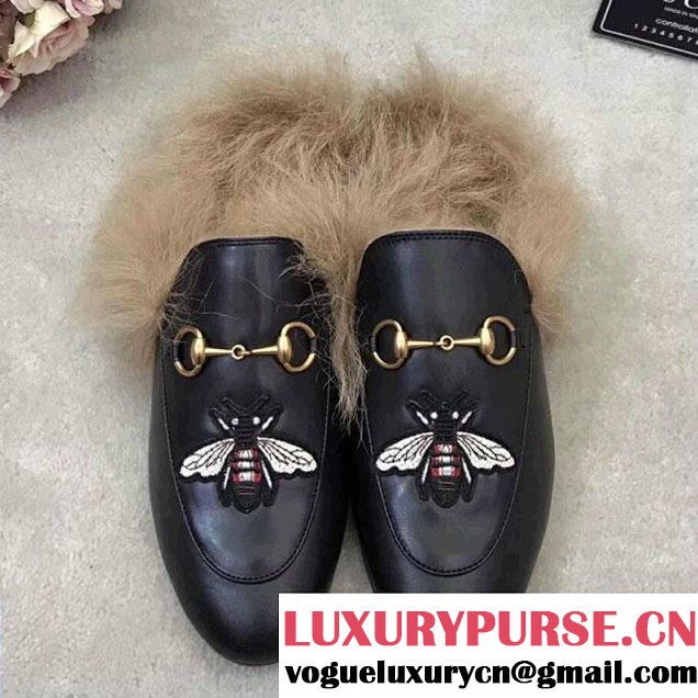 Gucci Bee Embroidery Leather Princetown Loafer With Fur 2017 (GD5002-7113004 )