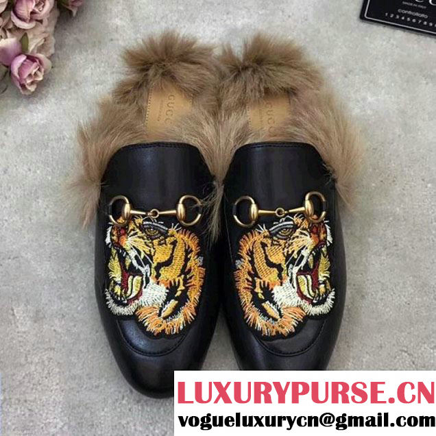 Gucci Tiger Embroidery Leather Princetown Loafer With Fur 2017 (GD5002-7113005 )