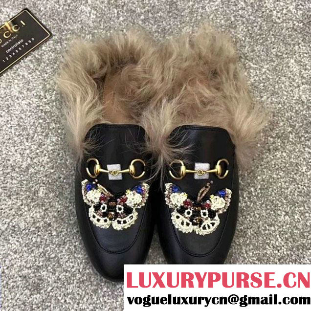 Gucci Butterfly Embroidery Leather Princetown Loafer With Fur Black 2017 (GD5002-7113028 )