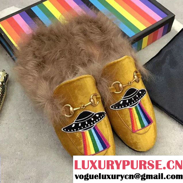 Gucci Embroidery Velvet Princetown Loafer With Fur Yellow 2017 (GD5002-7113030 )