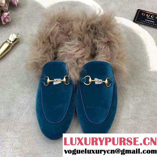 Gucci Velvet Princetown Loafer With Fur Paon Blue 2017 (GD5002-7113032 )