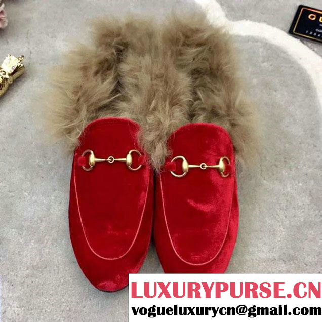 Gucci Velvet Princetown Loafer With Fur Red 2017 (GD5002-7113033 )