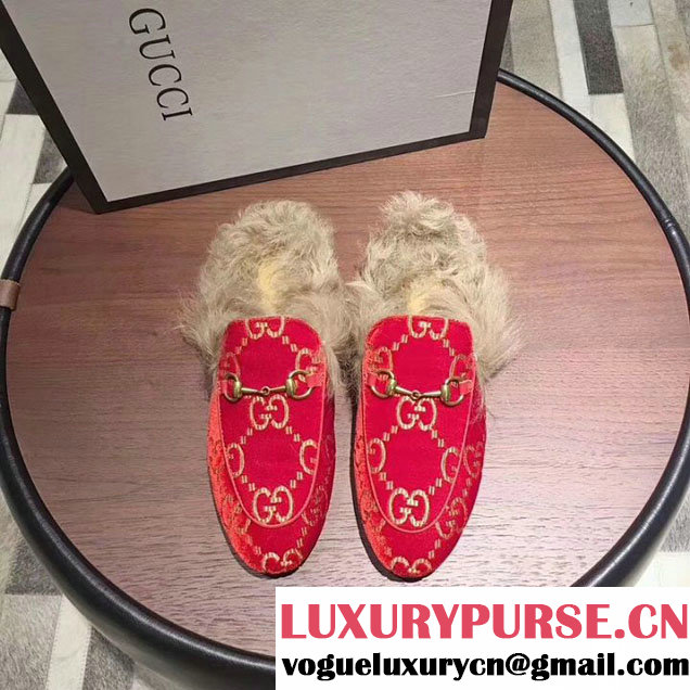 Gucci GG Logo Velvet Princetown Mink Fur Mules Slipper 448657 Calfskin Leather Spring Summer 2018 Collection Red