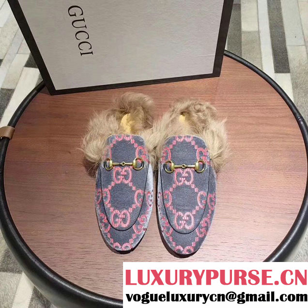 Gucci GG Logo Velvet Princetown Mink Fur Mules Slipper 448657 Calfskin Leather Spring Summer 2018 Collection Grey