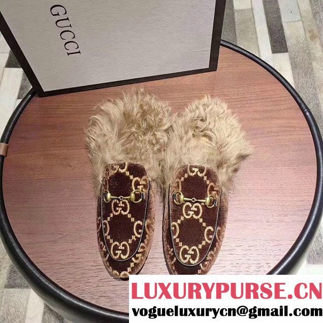 Gucci GG Logo Velvet Princetown Mink Fur Mules Slipper 448657 Calfskin Leather Spring Summer 2018 Collection Brown