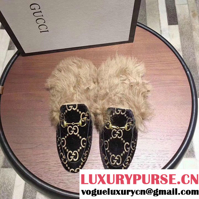 Gucci GG Logo Velvet Princetown Mink Fur Mules Slipper 448657 Calfskin Leather Spring Summer 2018 Collection Black