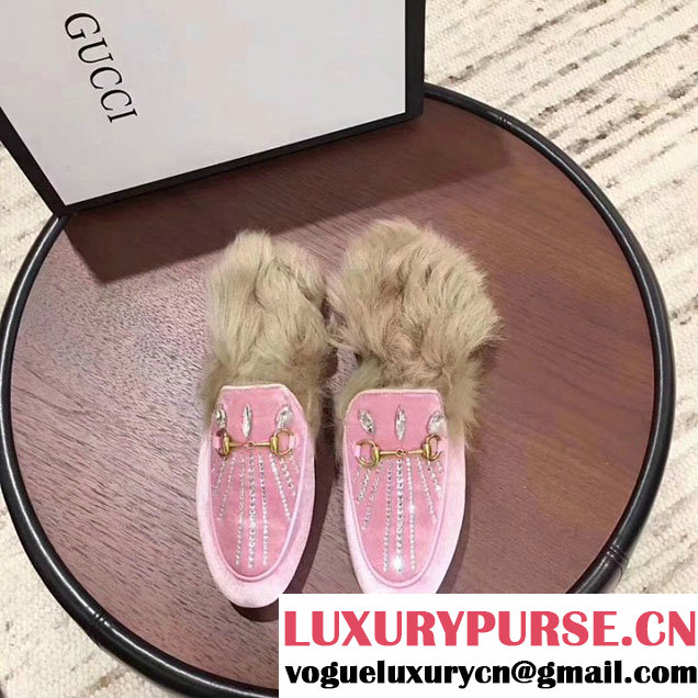 Gucci Princetown Velvet Slippers With Crystals Wool Mink Fur Loafers 505314 Calfskin Leather Spring Summer 2018 Collection Pink