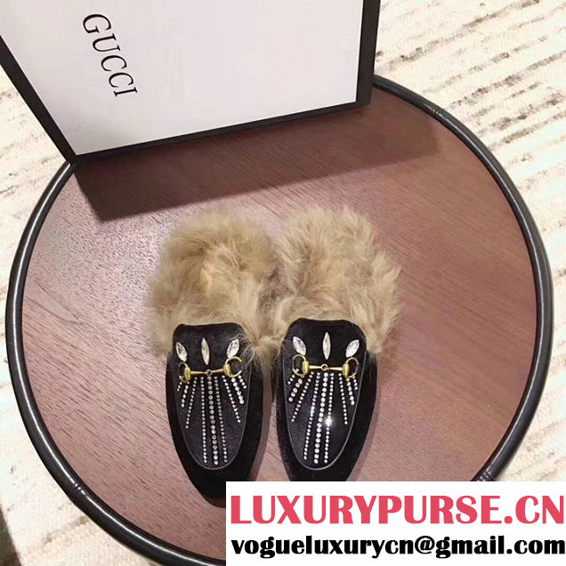 Gucci Princetown Velvet Slippers With Crystals Wool Mink Fur Loafers 505314 Calfskin Leather Spring Summer 2018 Collection Black