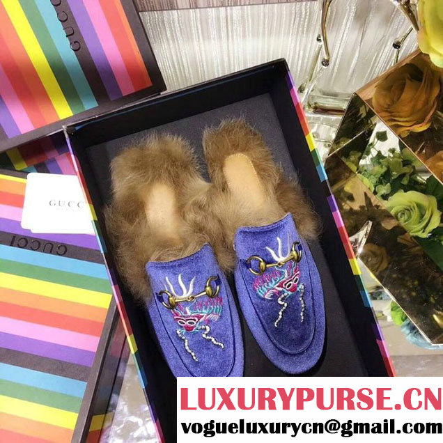 Gucci Princetown Velvet Slippers With Embroidered Dragon Motif Wool Mink Fur Loafers 472808 Calfskin Leather Spring Summer 2018 Collection Blue