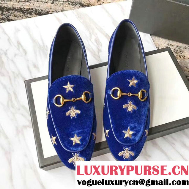 Gucci Jordaan Embroidered Bee and Stars Loafers 505281 Calfskin Leather Spring Summer 2018 Collection Electric Blue