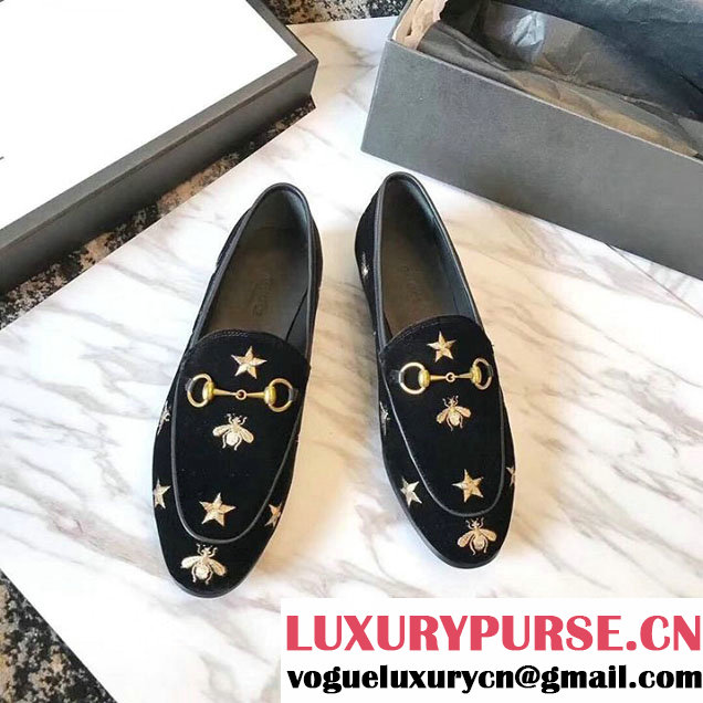 Gucci Jordaan Embroidered Bee and Stars Velvet Loafers 505281 Calfskin Leather Spring Summer 2018 Collection Black