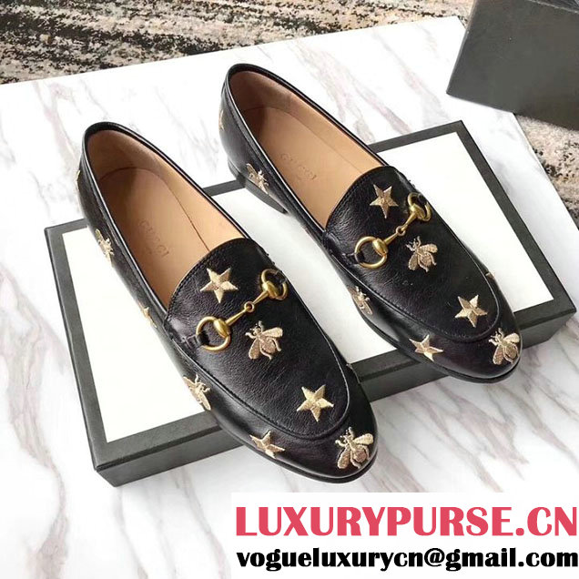 Gucci Jordaan Embroidered Bee and Stars Loafers 505281 Calfskin Leather Spring Summer 2018 Collection Black