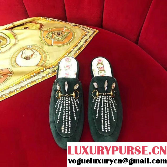 Gucci Princetown Velvet Slippers With Crystals 505314 Calfskin Leather Spring Summer 2018 Collection Emerald Green