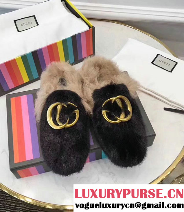 Gucci GG Princetown Mink Fur Mules Slipper 448657 Calfskin Leather Spring Summer 2018 Collection Black