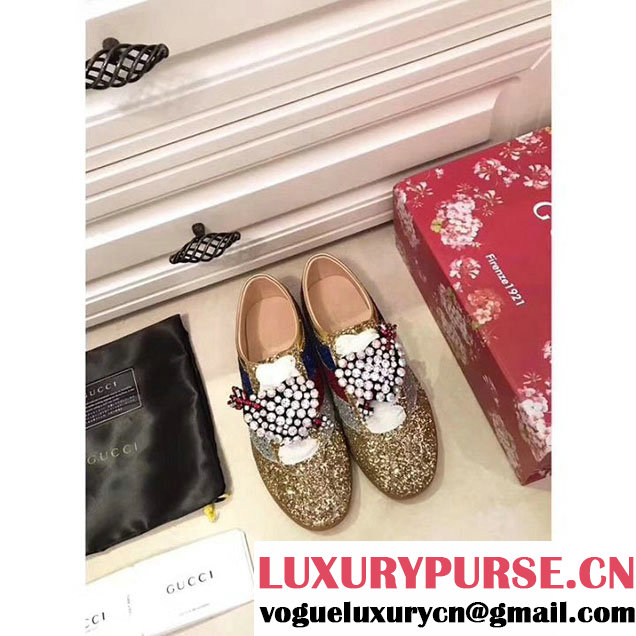 Gucci Retro Falacer Pierced Heart Crystal Appliqu&eacute; Glitter Sneakers 494609 Calfskin Leather Spring Summer 2018 Collection Gold